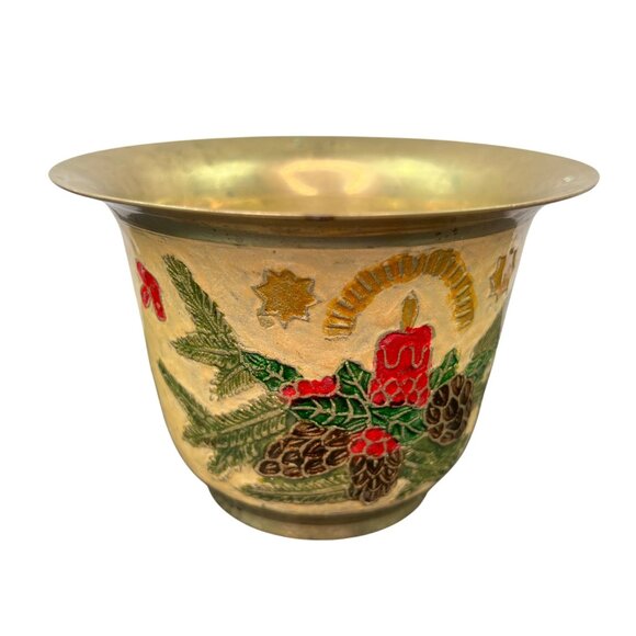 Vintage Brass Cloisonne Painted Christmas Bowl Wreath Candle Holly - Picture 4 of 11